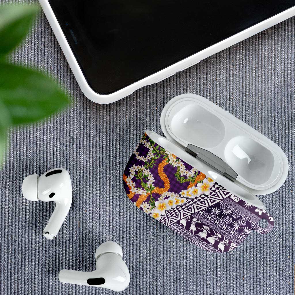 Hawaiian Plumeria Lei AirPods Case Kakau Motifs and Palaka Half Style Purple Color - Polynesian Pride