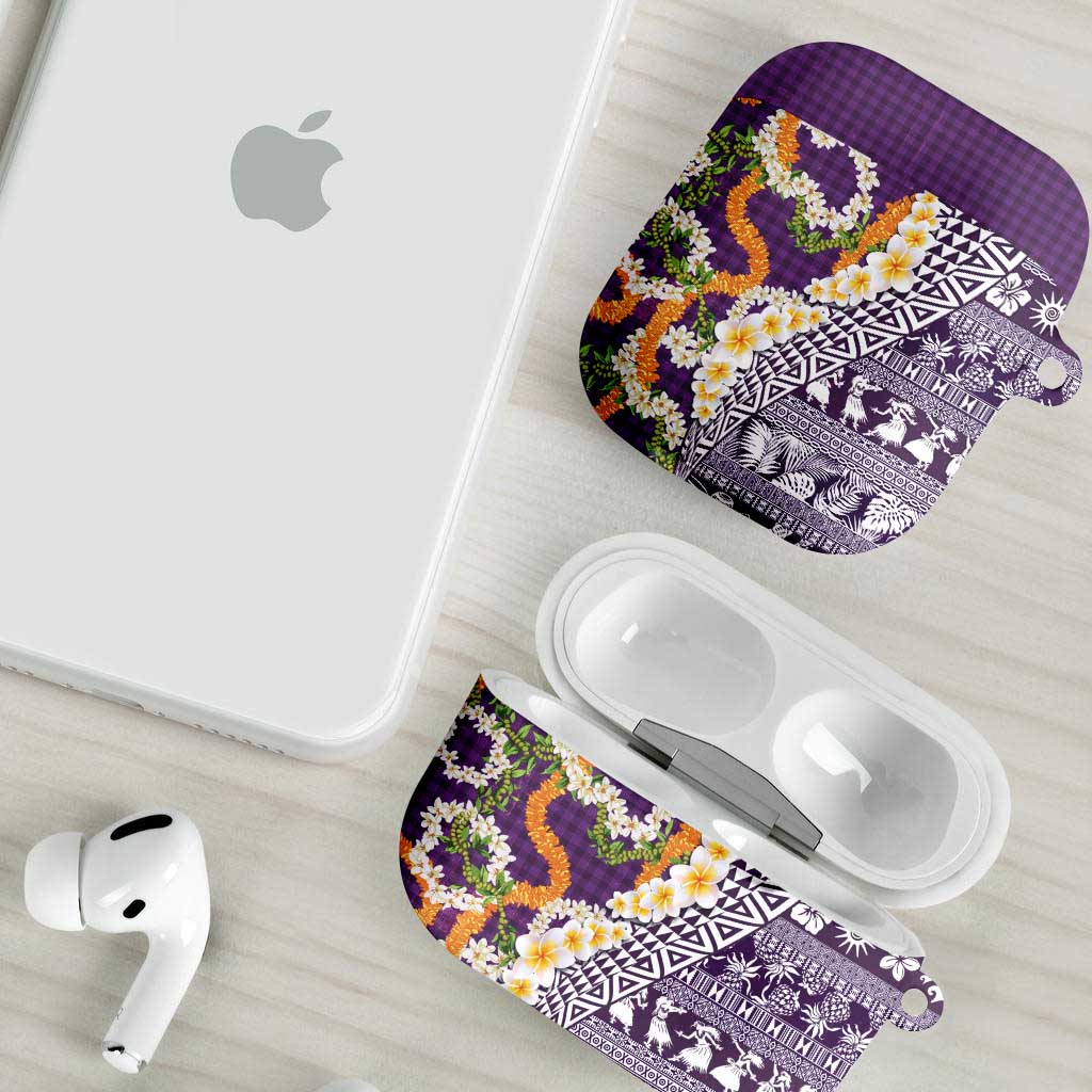 Hawaiian Plumeria Lei AirPods Case Kakau Motifs and Palaka Half Style Purple Color - Polynesian Pride