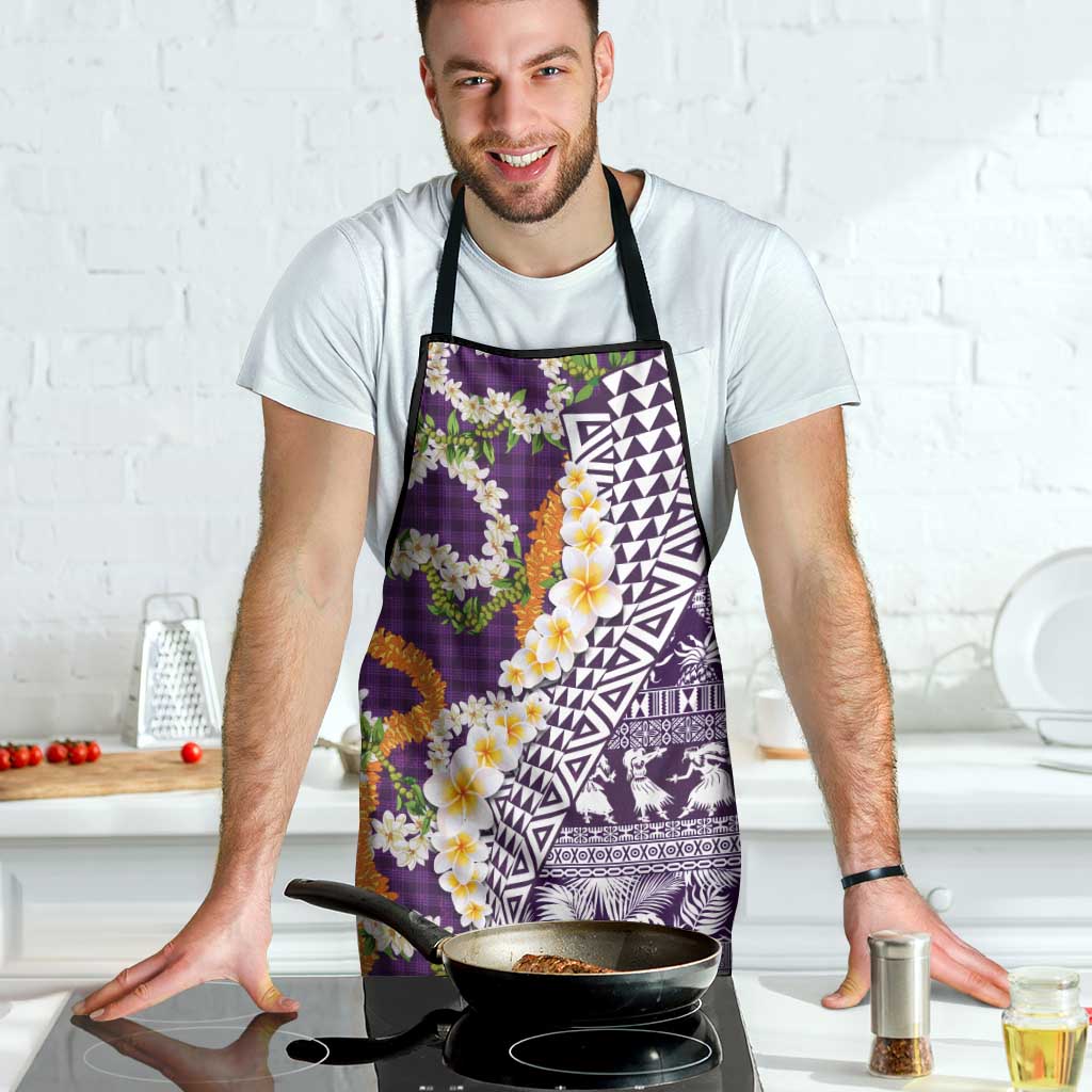 Hawaiian Plumeria Lei Apron Kakau Motifs and Palaka Half Style Purple Color - Polynesian Pride