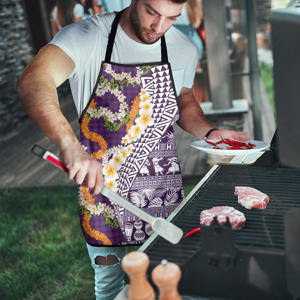 Hawaiian Plumeria Lei Apron Kakau Motifs and Palaka Half Style Purple Color - Polynesian Pride