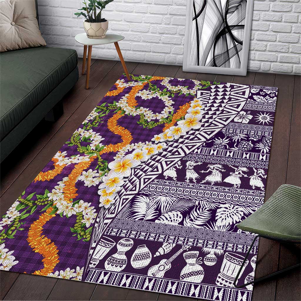 Hawaiian Plumeria Lei Area Rug Kakau Motifs and Palaka Half Style Purple Color - Polynesian Pride