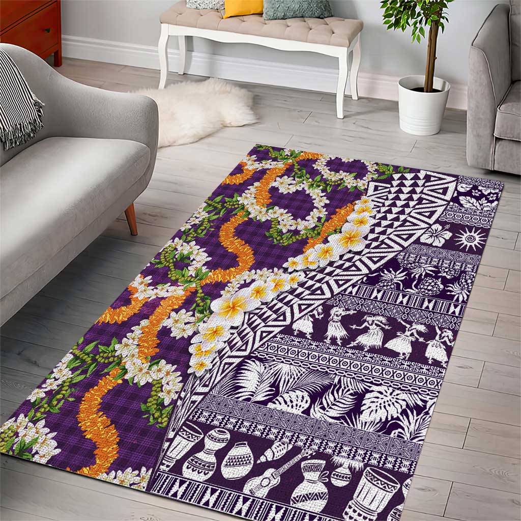 Hawaiian Plumeria Lei Area Rug Kakau Motifs and Palaka Half Style Purple Color - Polynesian Pride