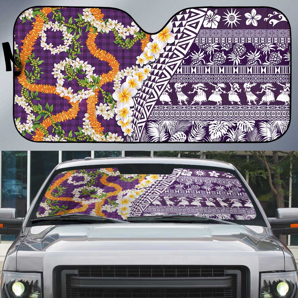 Hawaiian Plumeria Lei Auto Sun Shade Kakau Motifs and Palaka Half Style Purple Color LT03 Purple - Polynesian Pride