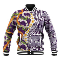 Hawaiian Plumeria Lei Baseball Jacket Kakau Motifs and Palaka Half Style Purple Color LT03 Unisex Purple - Polynesian Pride