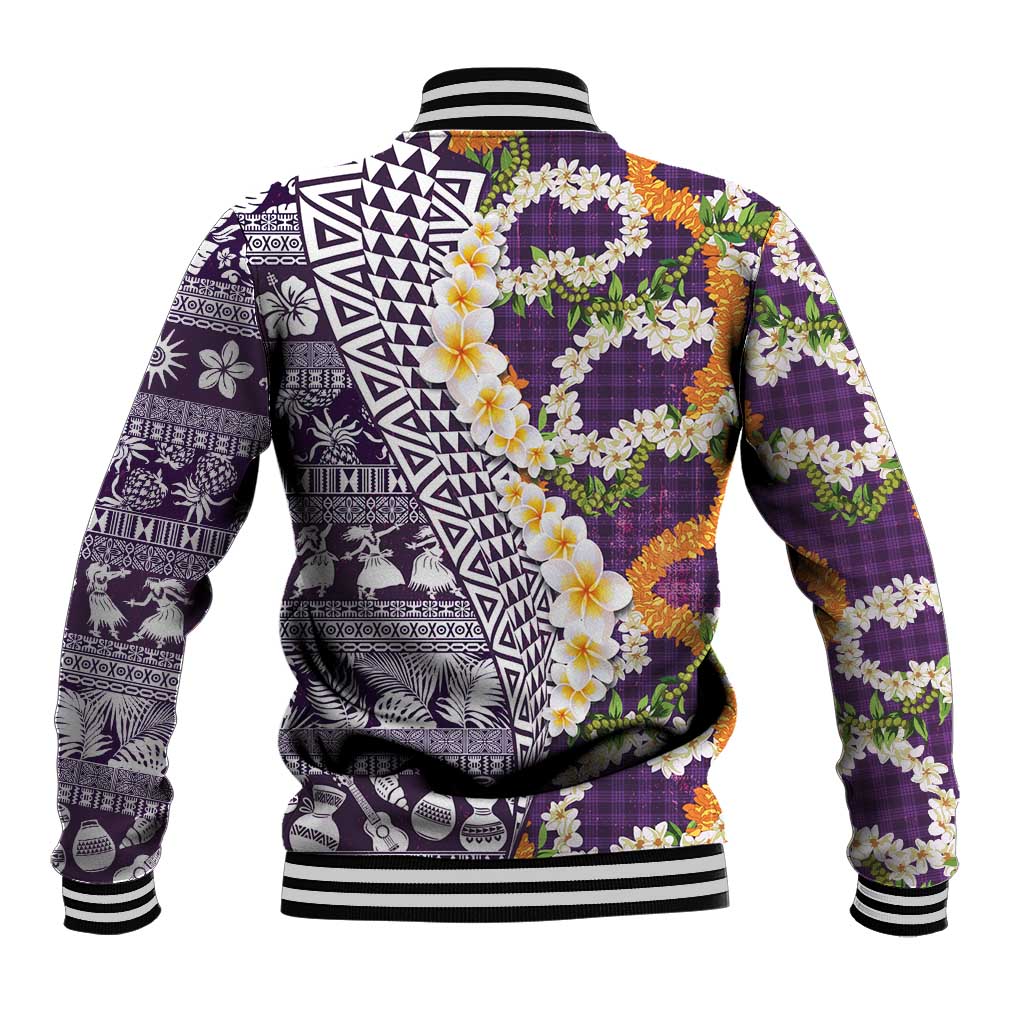 Hawaiian Plumeria Lei Baseball Jacket Kakau Motifs and Palaka Half Style Purple Color LT03 - Polynesian Pride