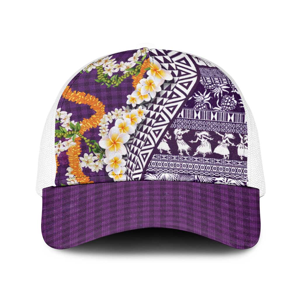 Hawaiian Plumeria Lei Baseball Net Cap Kakau Motifs and Palaka Half Style Purple Color LT03 One Size White Purple - Polynesian Pride