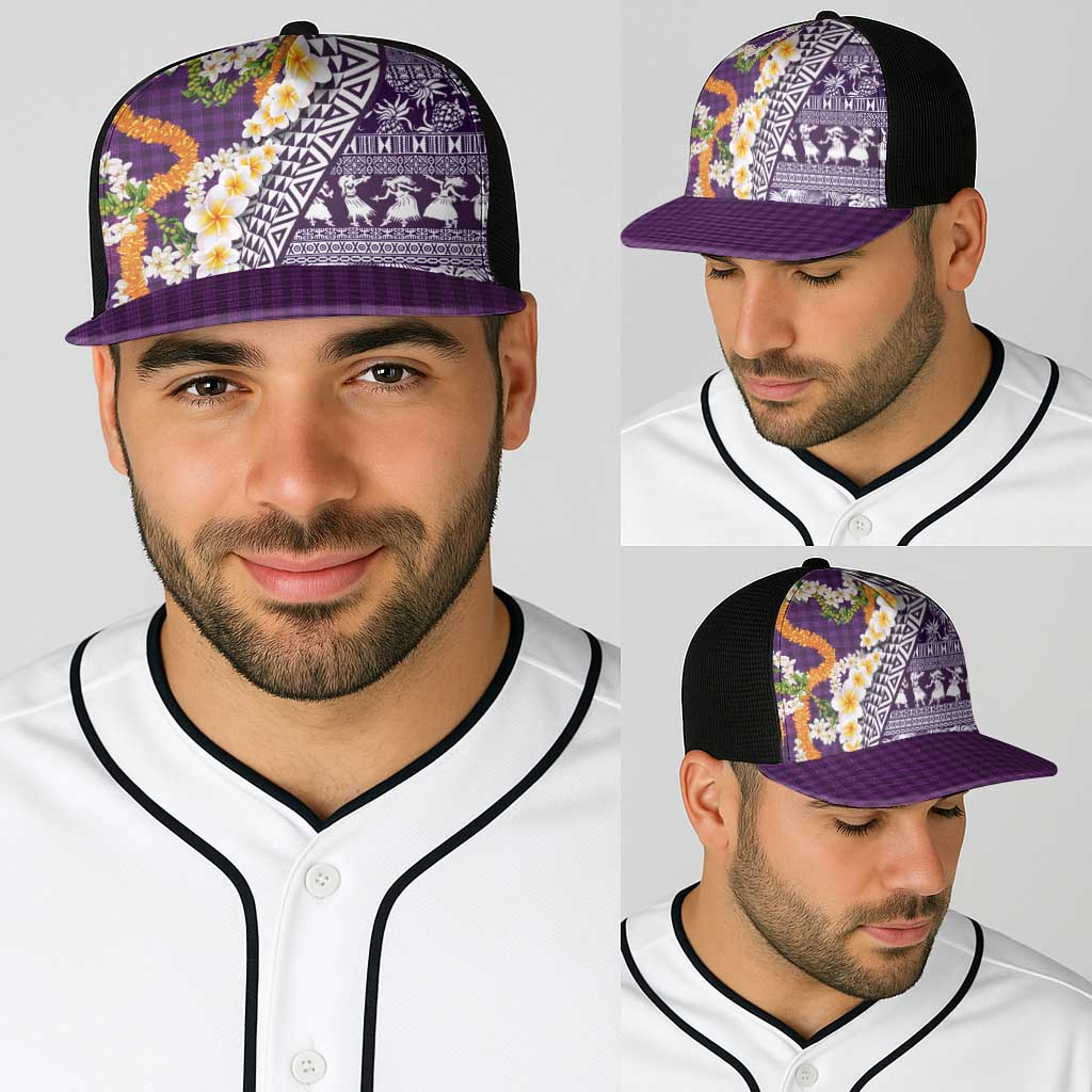 Hawaiian Plumeria Lei Baseball Net Cap Kakau Motifs and Palaka Half Style Purple Color LT03 - Polynesian Pride