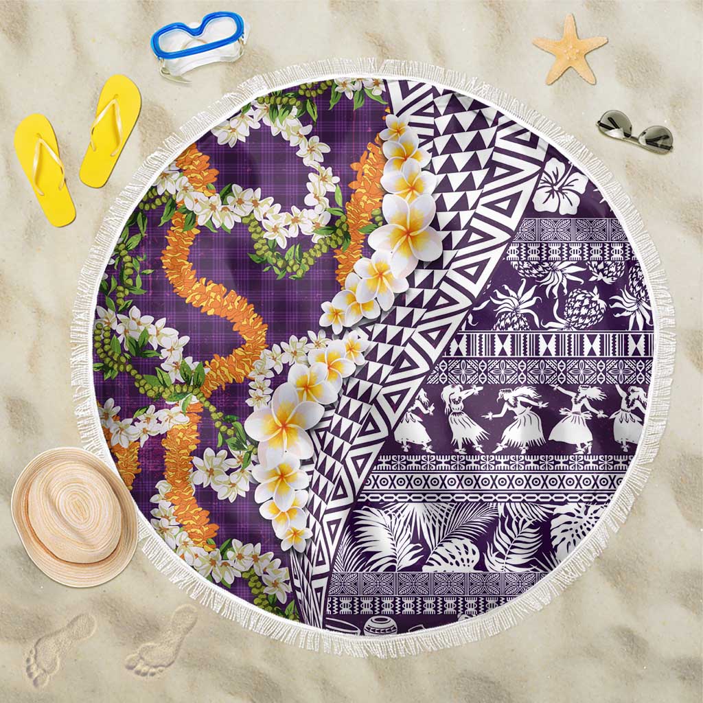 Hawaiian Plumeria Lei Beach Blanket Kakau Motifs and Palaka Half Style Purple Color - Polynesian Pride