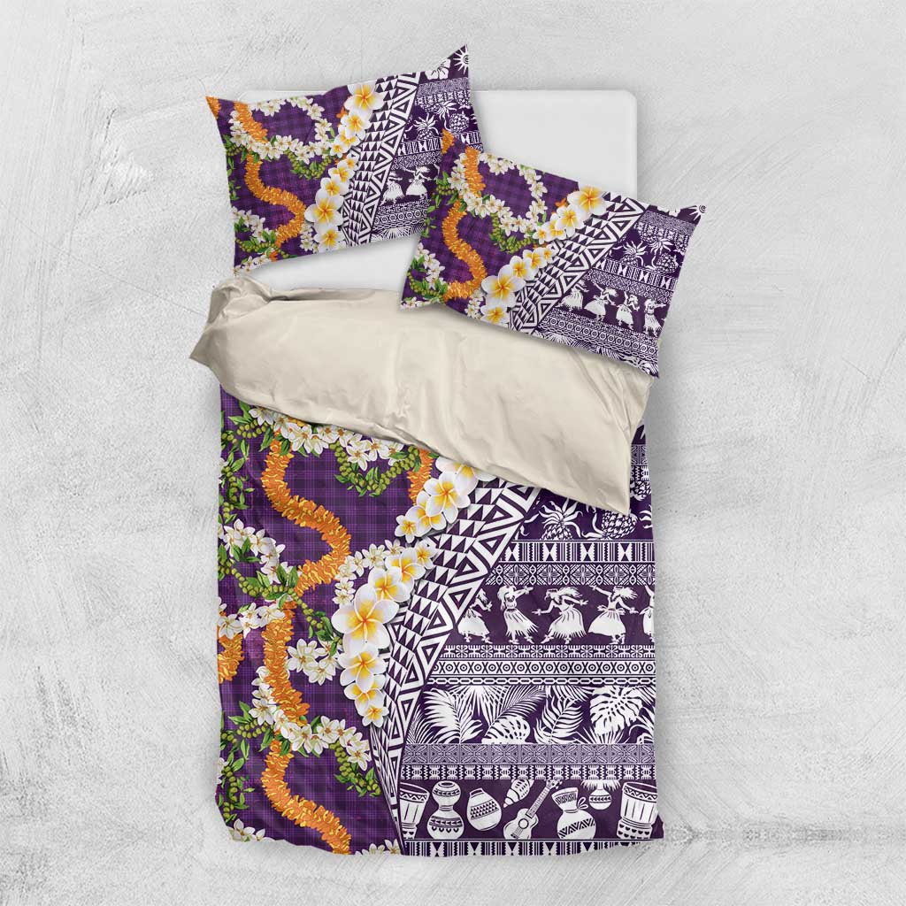 Hawaiian Plumeria Lei Bedding Set Kakau Motifs and Palaka Half Style Purple Color - Polynesian Pride