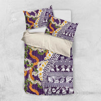 Hawaiian Plumeria Lei Bedding Set Kakau Motifs and Palaka Half Style Purple Color - Polynesian Pride