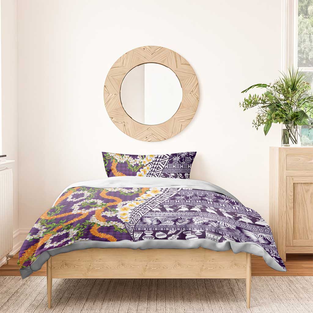 Hawaiian Plumeria Lei Bedding Set Kakau Motifs and Palaka Half Style Purple Color - Polynesian Pride