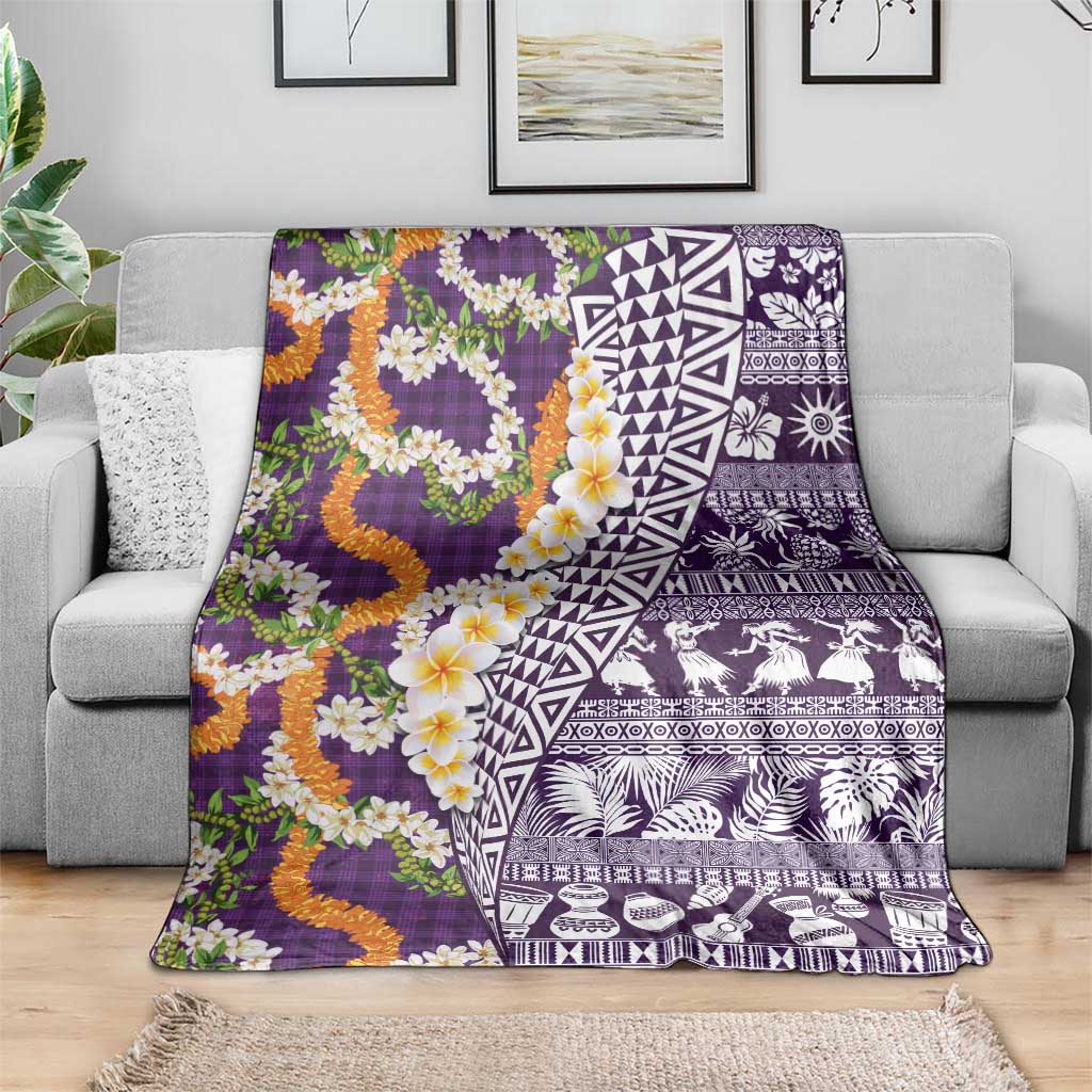 Hawaiian Plumeria Lei Blanket Kakau Motifs and Palaka Half Style Purple Color - Polynesian Pride