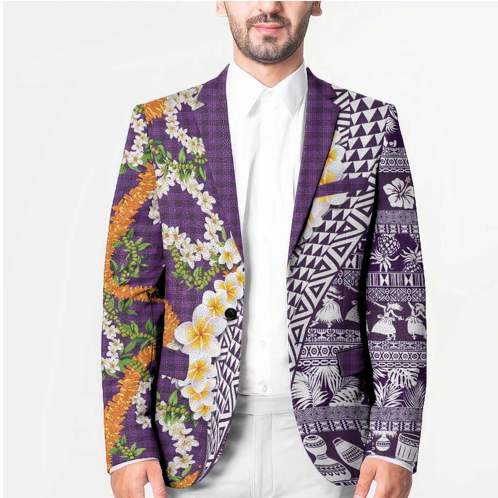 Hawaiian Plumeria Lei Blazer Kakau Motifs and Palaka Half Style Purple Color - Polynesian Pride