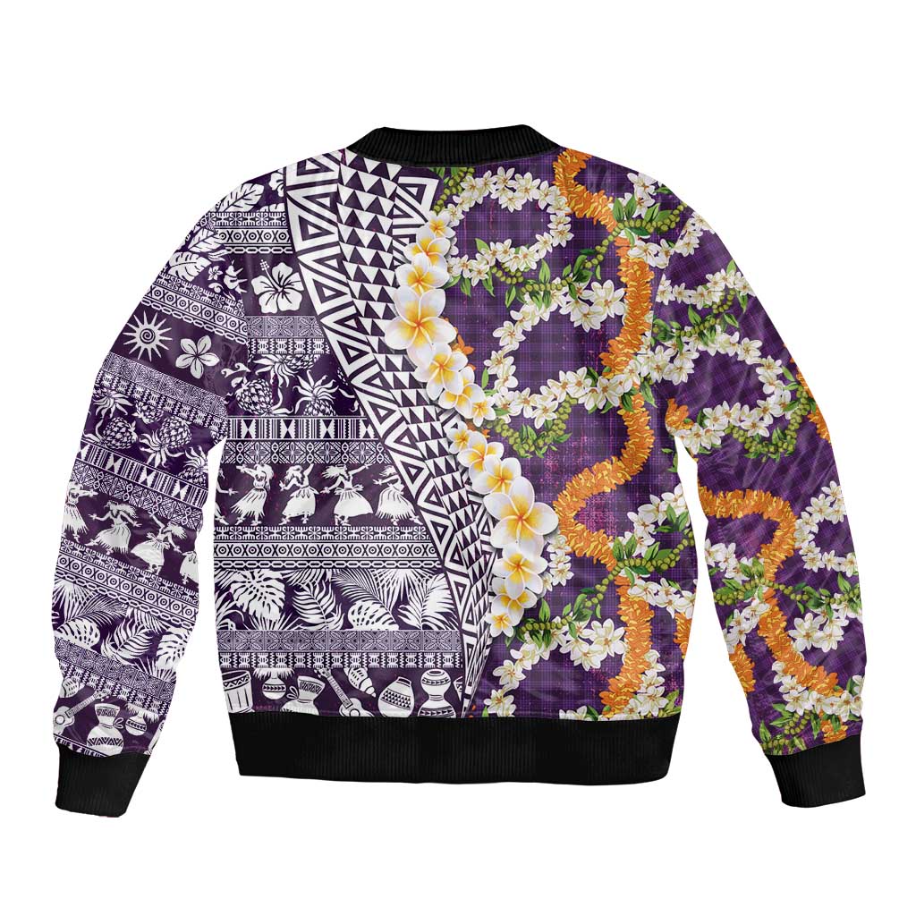 Hawaiian Plumeria Lei Bomber Jacket Kakau Motifs and Palaka Half Style Purple Color - Polynesian Pride