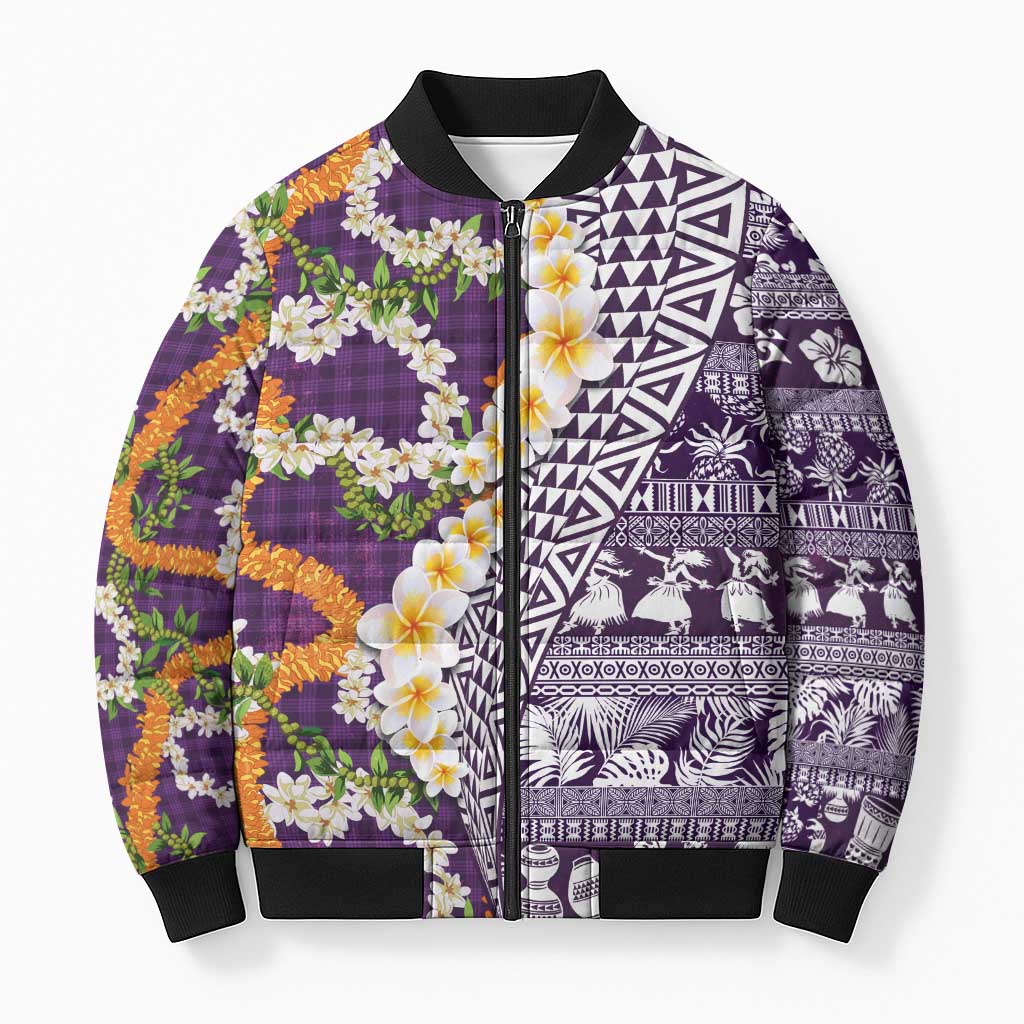 Hawaiian Plumeria Lei Bomber Puffer Jacket Kakau Motifs and Palaka Half Style Purple Color LT03 Unisex Purple - Polynesian Pride