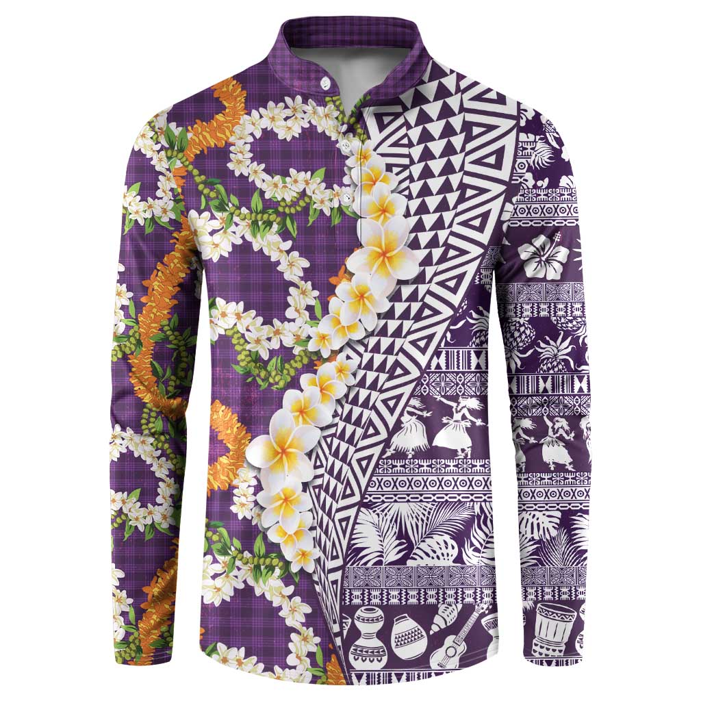 Hawaiian Plumeria Lei Button Sweatshirt Kakau Motifs and Palaka Half Style Purple Color LT03 Purple - Polynesian Pride