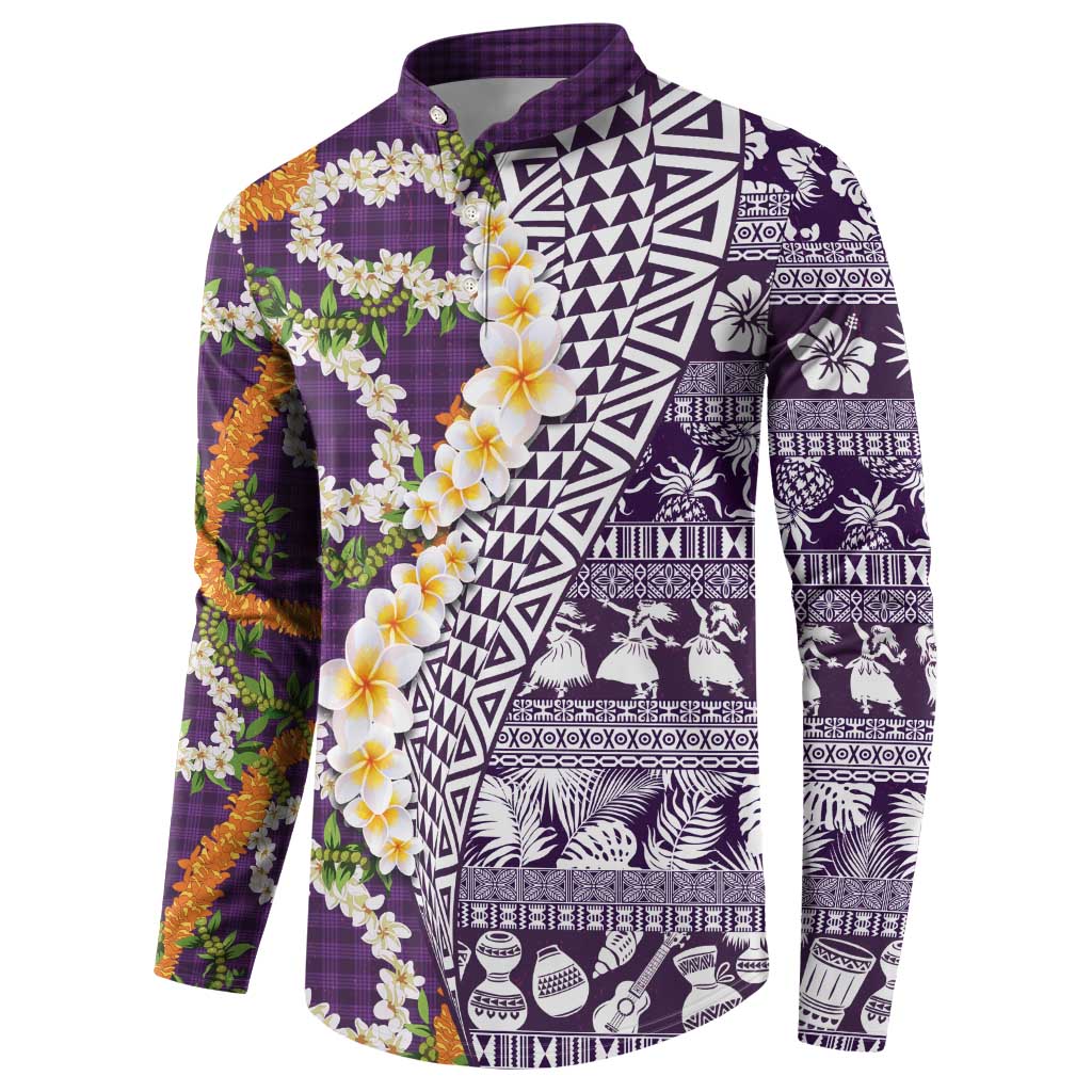 Hawaiian Plumeria Lei Button Sweatshirt Kakau Motifs and Palaka Half Style Purple Color LT03 - Polynesian Pride
