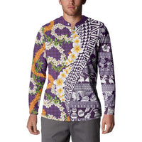 Hawaiian Plumeria Lei Button Sweatshirt Kakau Motifs and Palaka Half Style Purple Color LT03 - Polynesian Pride