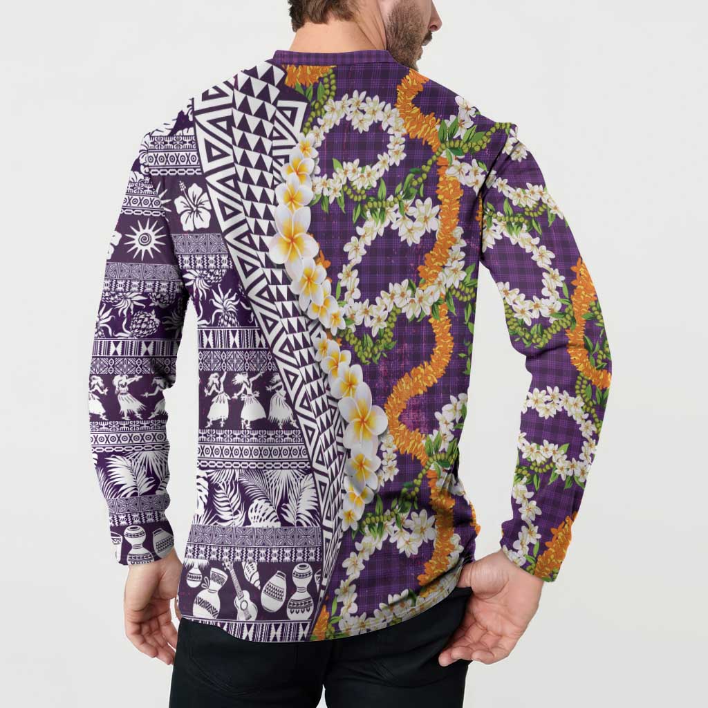 Hawaiian Plumeria Lei Button Sweatshirt Kakau Motifs and Palaka Half Style Purple Color LT03 - Polynesian Pride