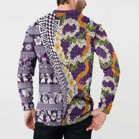 Hawaiian Plumeria Lei Button Sweatshirt Kakau Motifs and Palaka Half Style Purple Color LT03 - Polynesian Pride