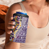 Hawaiian Plumeria Lei 4 in 1 Can Cooler Tumbler Kakau Motifs and Palaka Half Style Purple Color - Polynesian Pride