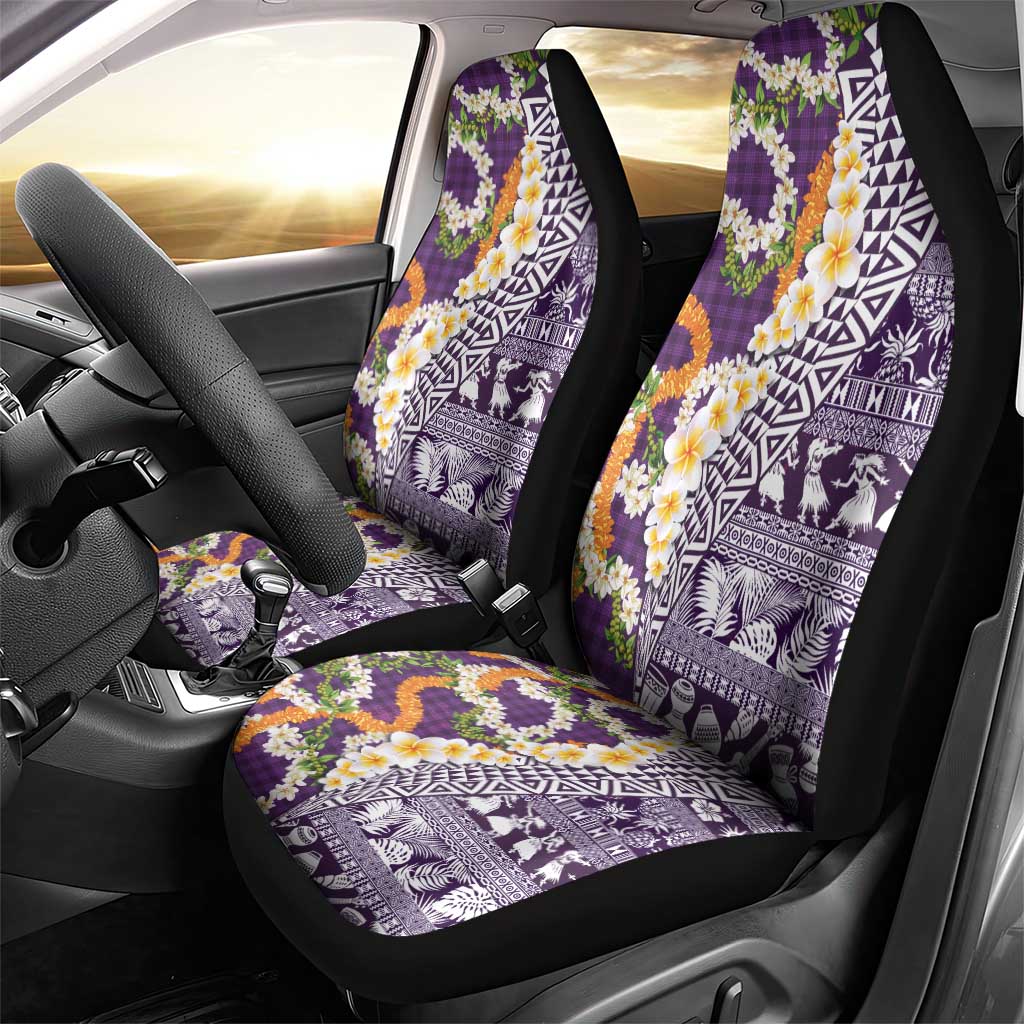 Hawaiian Plumeria Lei Car Seat Cover Kakau Motifs and Palaka Half Style Purple Color - Polynesian Pride