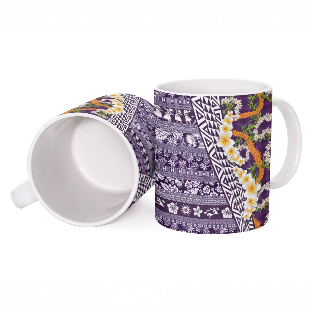 Hawaiian Plumeria Lei Ceramic Mug Kakau Motifs and Palaka Half Style Purple Color LT03 - Polynesian Pride
