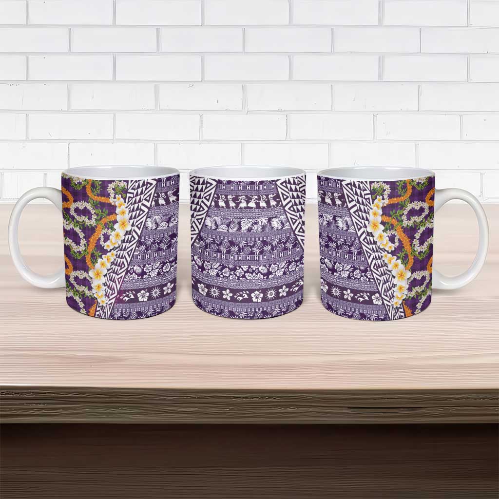 Hawaiian Plumeria Lei Ceramic Mug Kakau Motifs and Palaka Half Style Purple Color LT03 - Polynesian Pride