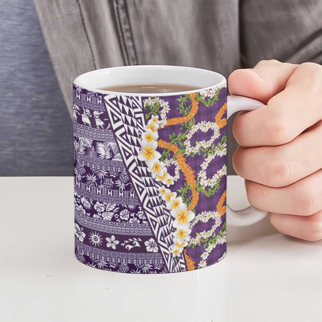 Hawaiian Plumeria Lei Ceramic Mug Kakau Motifs and Palaka Half Style Purple Color LT03 - Polynesian Pride