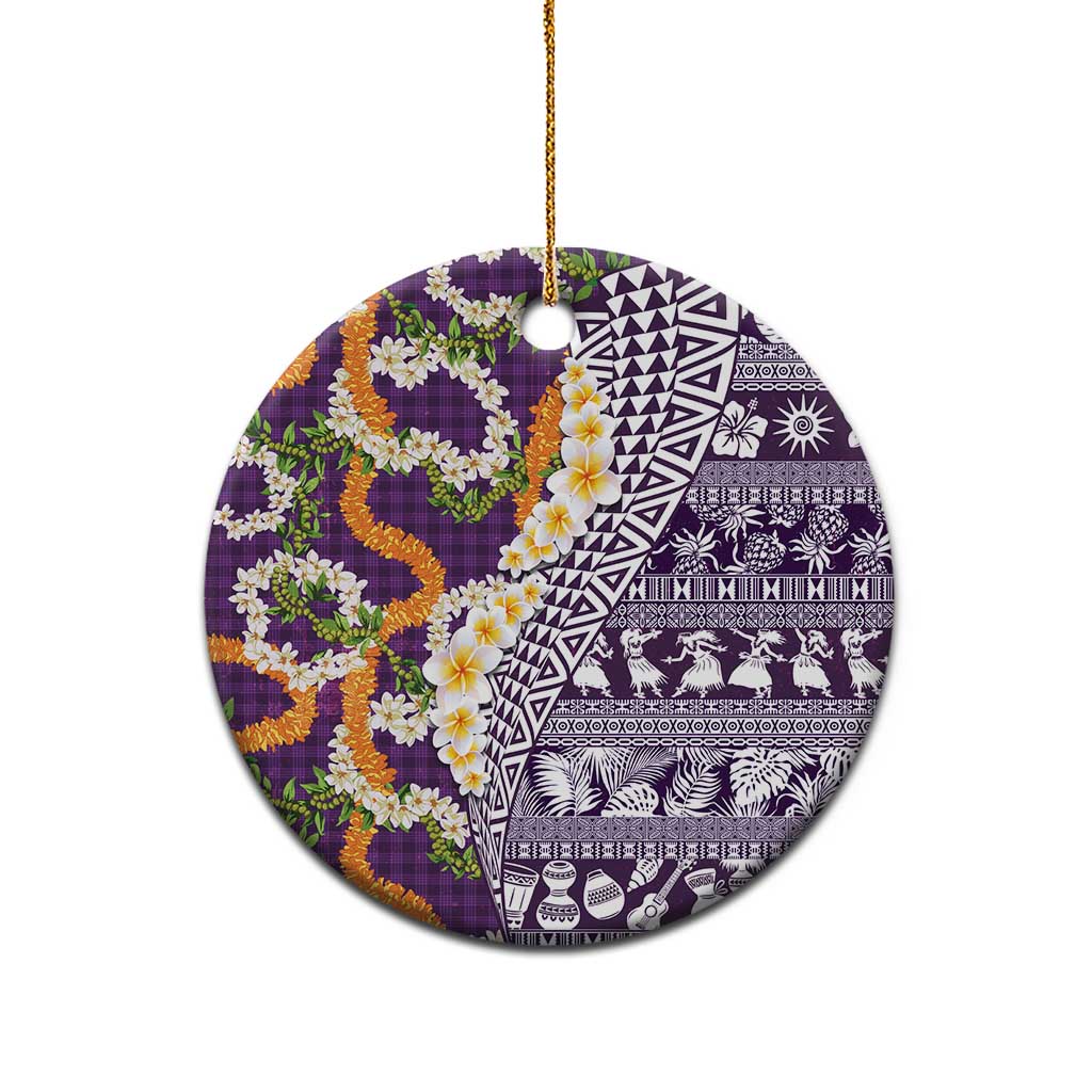 Hawaiian Plumeria Lei Ceramic Ornament Kakau Motifs and Palaka Half Style Purple Color - Polynesian Pride