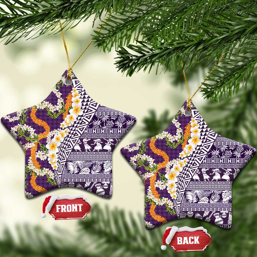 Hawaiian Plumeria Lei Ceramic Ornament Kakau Motifs and Palaka Half Style Purple Color - Polynesian Pride