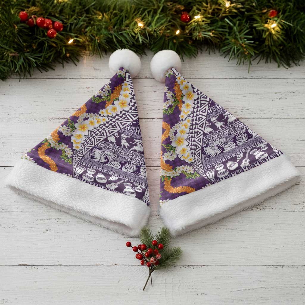 Hawaiian Plumeria Lei Christmas Santa Hat Kakau Motifs and Palaka Half Style Purple Color - Polynesian Pride