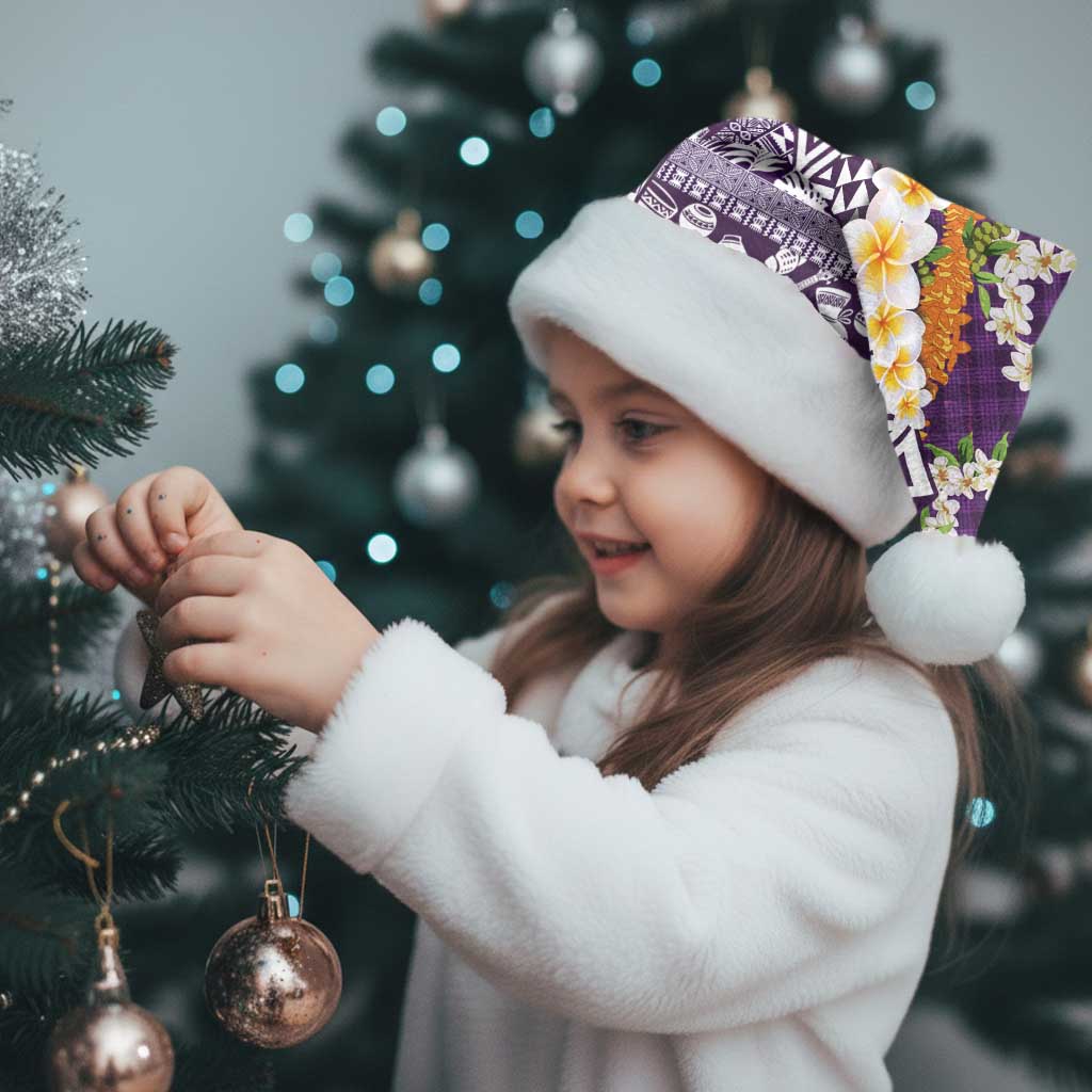 Hawaiian Plumeria Lei Christmas Santa Hat Kakau Motifs and Palaka Half Style Purple Color - Polynesian Pride