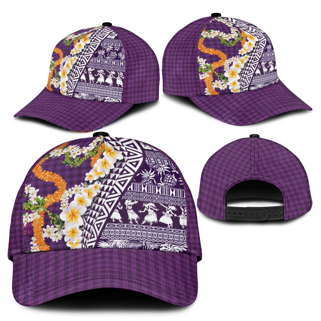 Hawaiian Plumeria Lei Classic Cap Kakau Motifs and Palaka Half Style Purple Color - Polynesian Pride