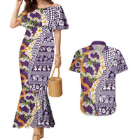 Hawaiian Plumeria Lei Couples Matching Mermaid Dress and Hawaiian Shirt Kakau Motifs and Palaka Half Style Purple Color - Polynesian Pride