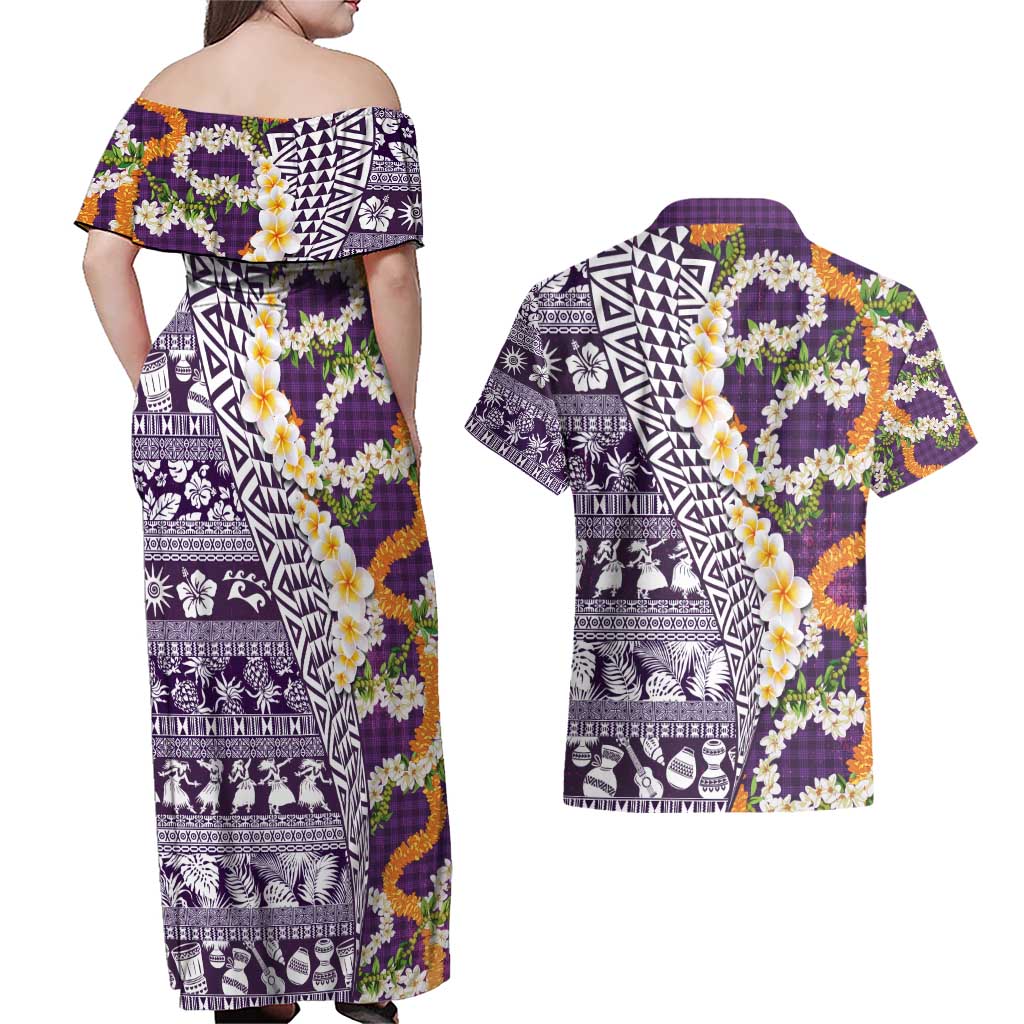 Hawaiian Plumeria Lei Couples Matching Off Shoulder Maxi Dress and Hawaiian Shirt Kakau Motifs and Palaka Half Style Purple Color - Polynesian Pride