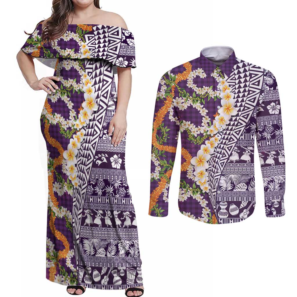 Hawaiian Plumeria Lei Couples Matching Off Shoulder Maxi Dress and Long Sleeve Button Shirt Kakau Motifs and Palaka Half Style Purple Color - Polynesian Pride