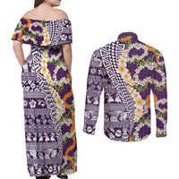 Hawaiian Plumeria Lei Couples Matching Off Shoulder Maxi Dress and Long Sleeve Button Shirt Kakau Motifs and Palaka Half Style Purple Color - Polynesian Pride