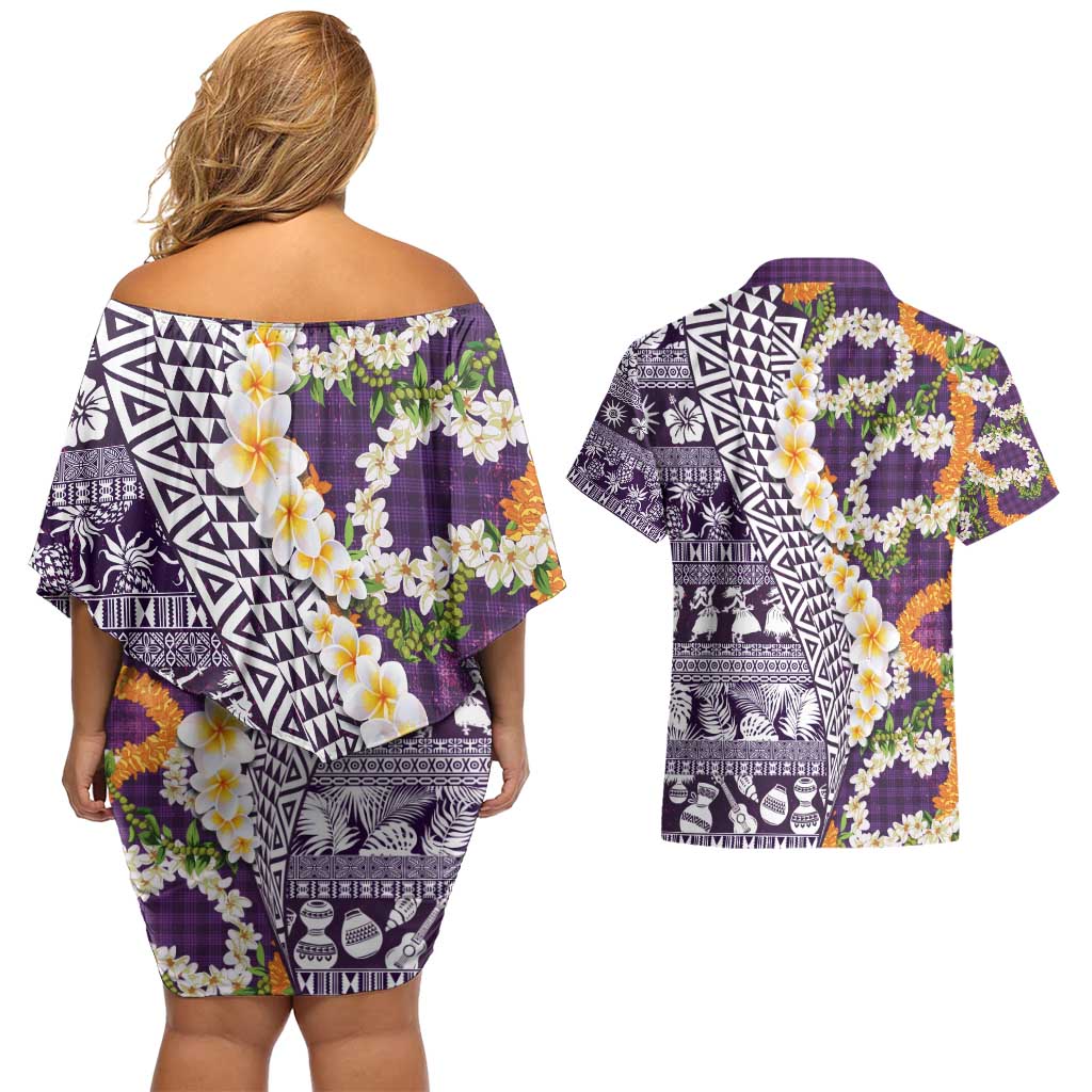 Hawaiian Plumeria Lei Couples Matching Off Shoulder Short Dress and Hawaiian Shirt Kakau Motifs and Palaka Half Style Purple Color - Polynesian Pride
