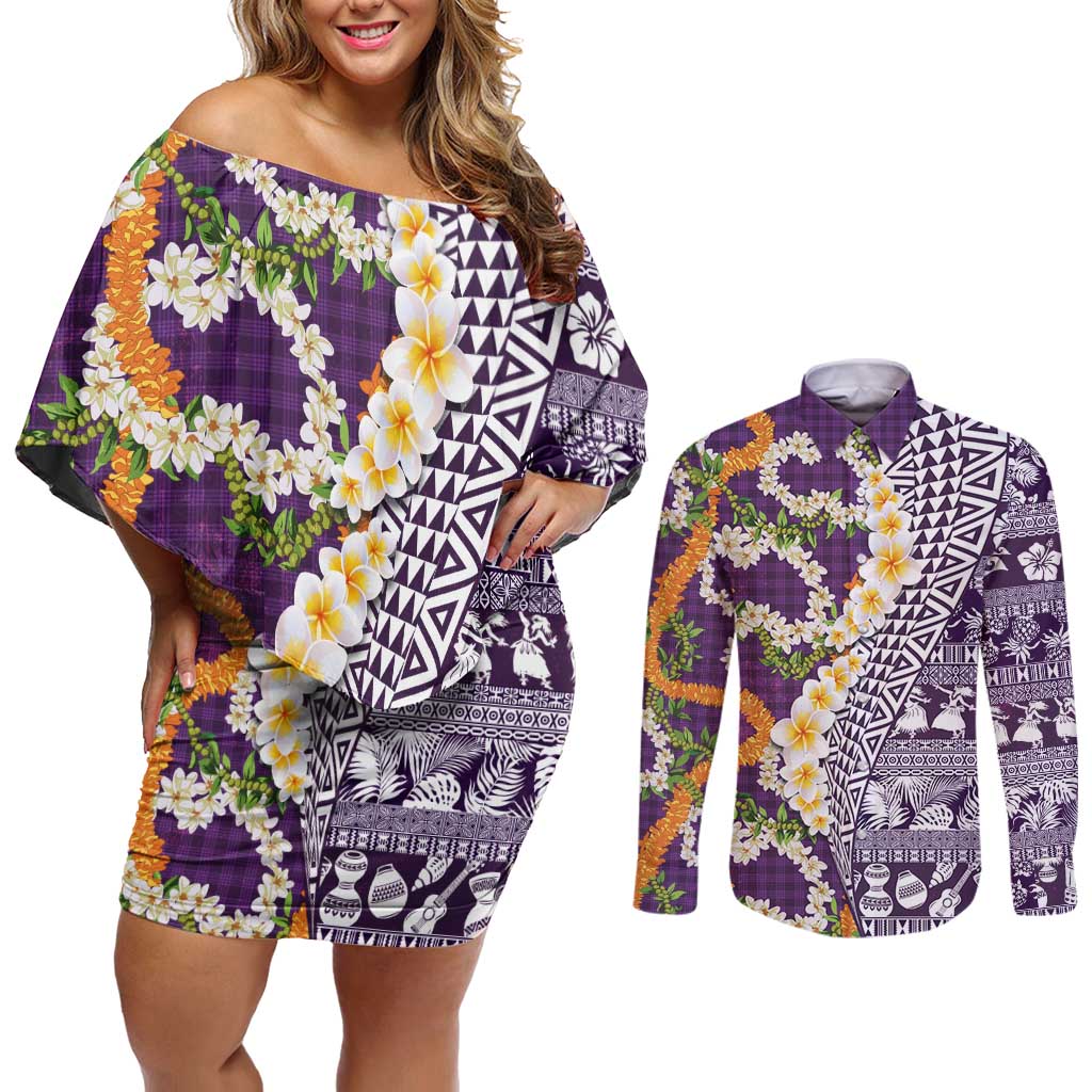 Hawaiian Plumeria Lei Couples Matching Off Shoulder Short Dress and Long Sleeve Button Shirt Kakau Motifs and Palaka Half Style Purple Color - Polynesian Pride