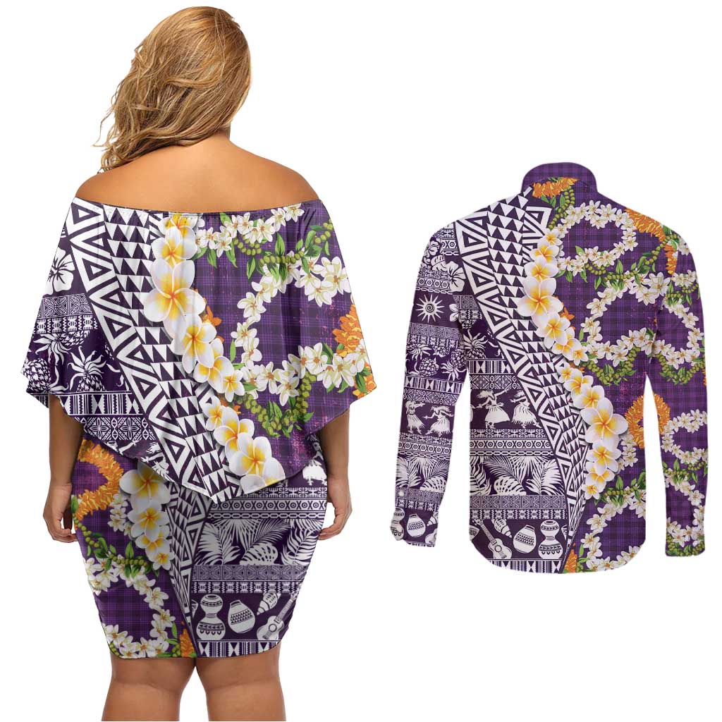 Hawaiian Plumeria Lei Couples Matching Off Shoulder Short Dress and Long Sleeve Button Shirt Kakau Motifs and Palaka Half Style Purple Color - Polynesian Pride