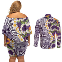 Hawaiian Plumeria Lei Couples Matching Off Shoulder Short Dress and Long Sleeve Button Shirt Kakau Motifs and Palaka Half Style Purple Color - Polynesian Pride