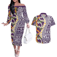 Hawaiian Plumeria Lei Couples Matching Off The Shoulder Long Sleeve Dress and Hawaiian Shirt Kakau Motifs and Palaka Half Style Purple Color - Polynesian Pride