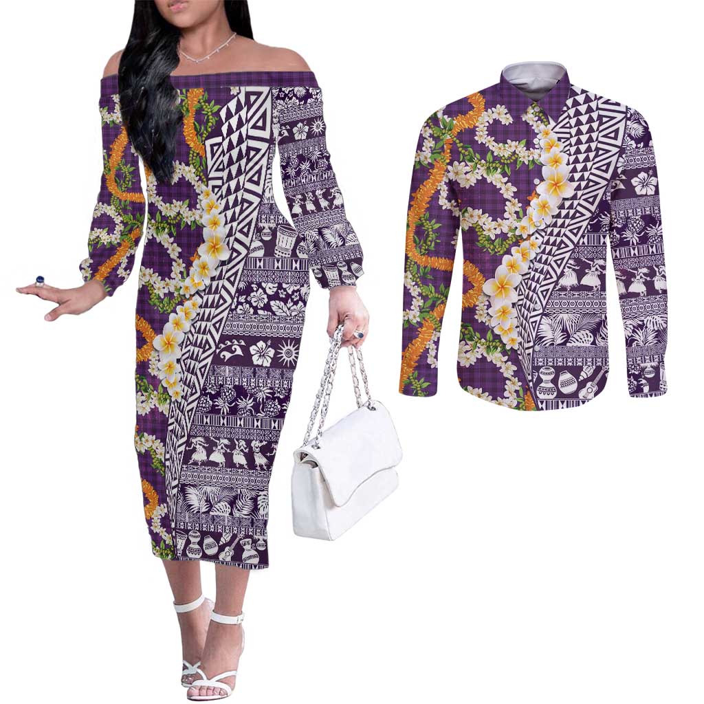 Hawaiian Plumeria Lei Couples Matching Off The Shoulder Long Sleeve Dress and Long Sleeve Button Shirt Kakau Motifs and Palaka Half Style Purple Color - Polynesian Pride