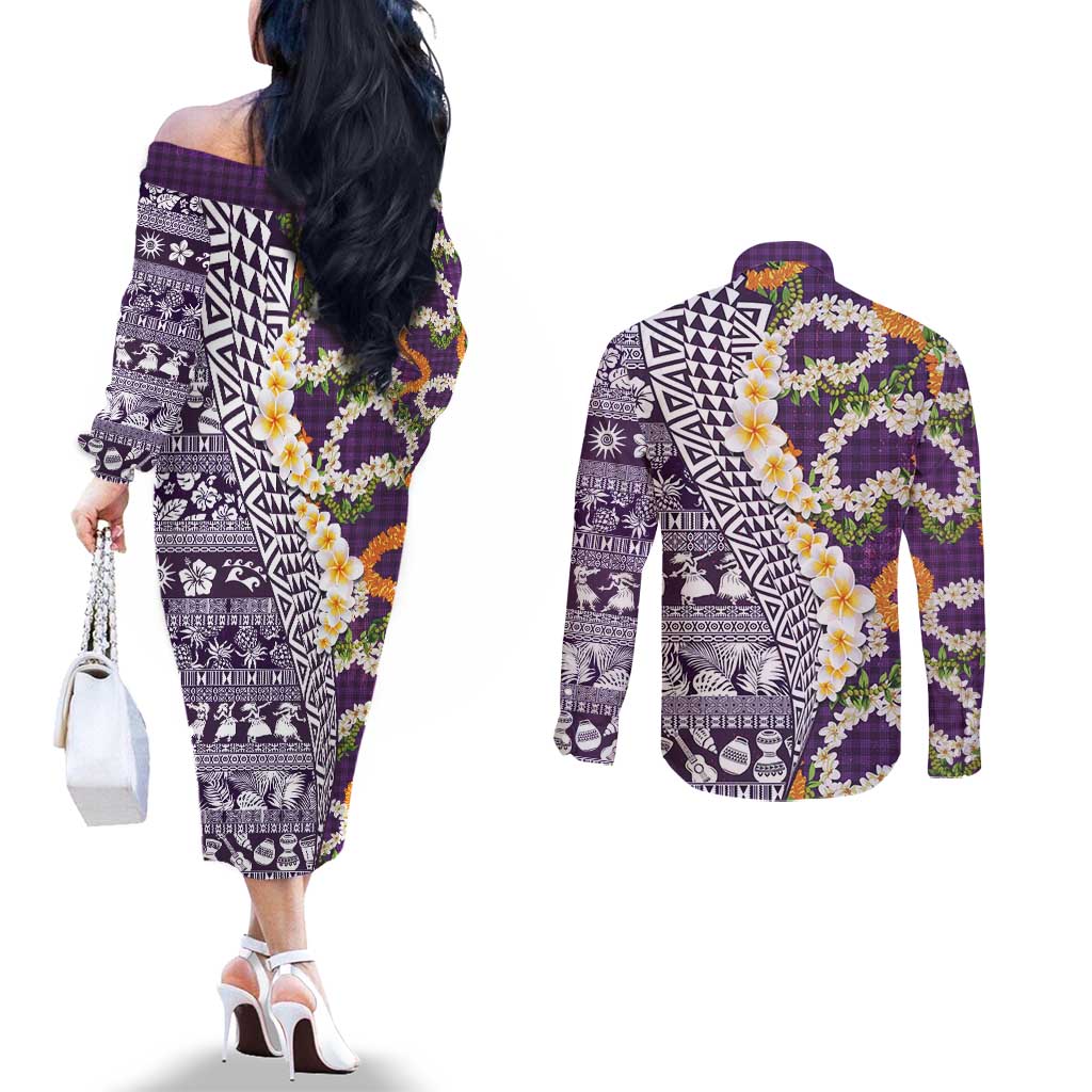 Hawaiian Plumeria Lei Couples Matching Off The Shoulder Long Sleeve Dress and Long Sleeve Button Shirt Kakau Motifs and Palaka Half Style Purple Color - Polynesian Pride
