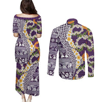 Hawaiian Plumeria Lei Couples Matching Puletasi and Long Sleeve Button Shirt Kakau Motifs and Palaka Half Style Purple Color - Polynesian Pride