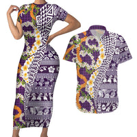 Hawaiian Plumeria Lei Couples Matching Short Sleeve Bodycon Dress and Hawaiian Shirt Kakau Motifs and Palaka Half Style Purple Color - Polynesian Pride