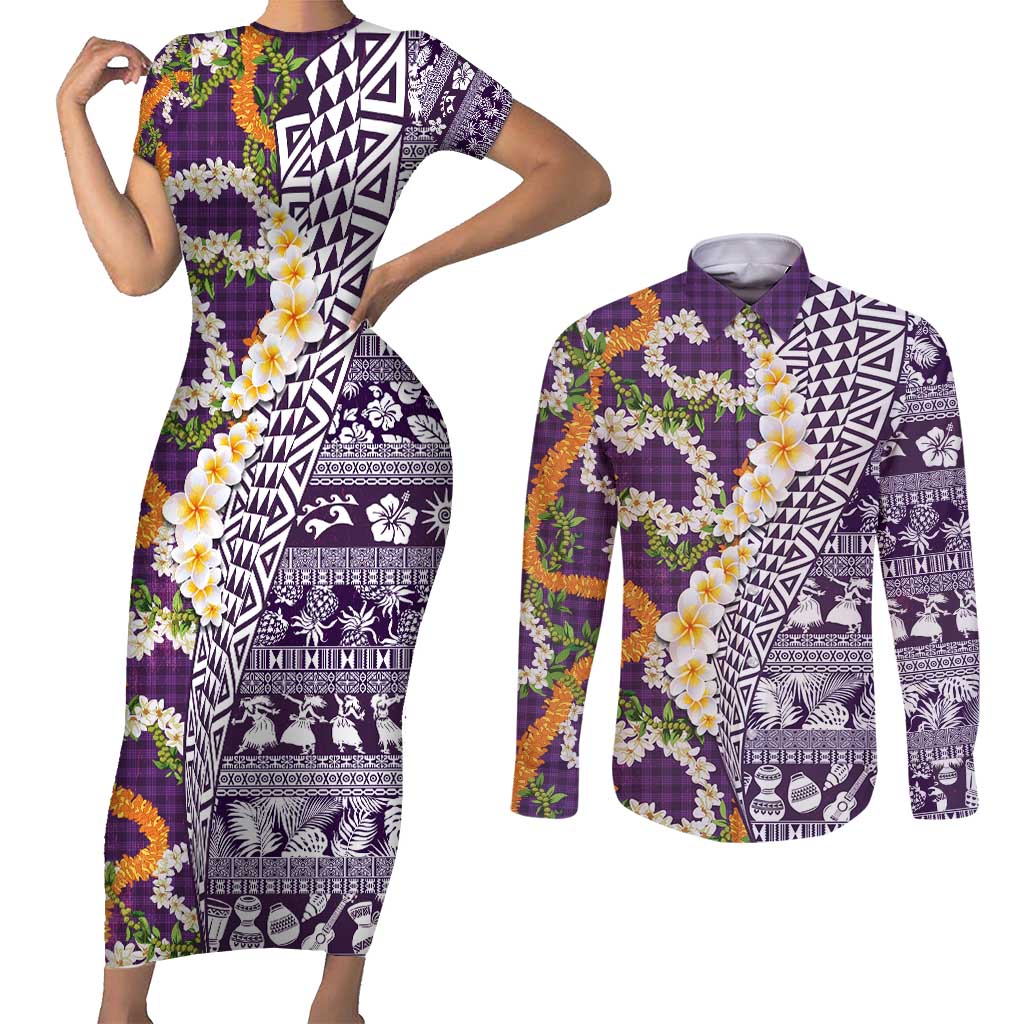 Hawaiian Plumeria Lei Couples Matching Short Sleeve Bodycon Dress and Long Sleeve Button Shirt Kakau Motifs and Palaka Half Style Purple Color - Polynesian Pride