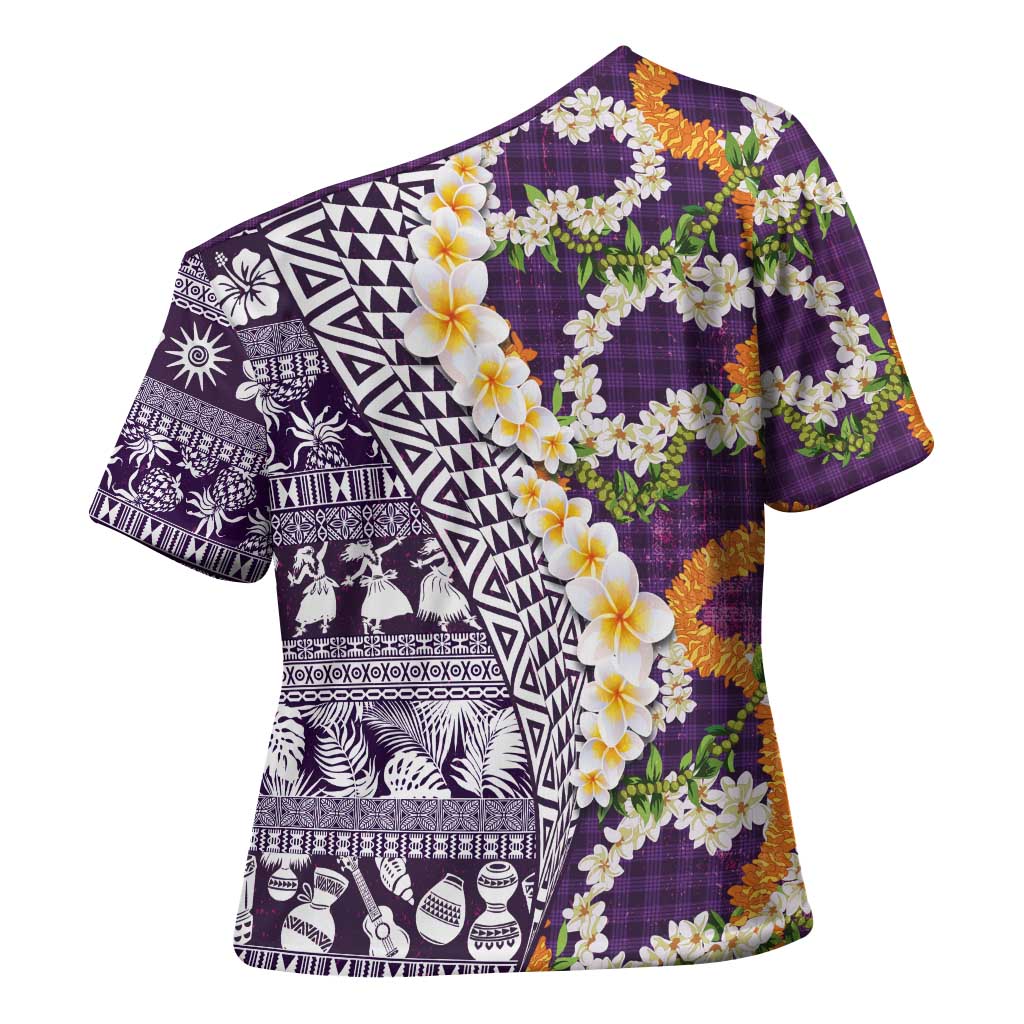 Hawaiian Plumeria Lei Cross Shoulder Shirt Kakau Motifs and Palaka Half Style Purple Color - Polynesian Pride
