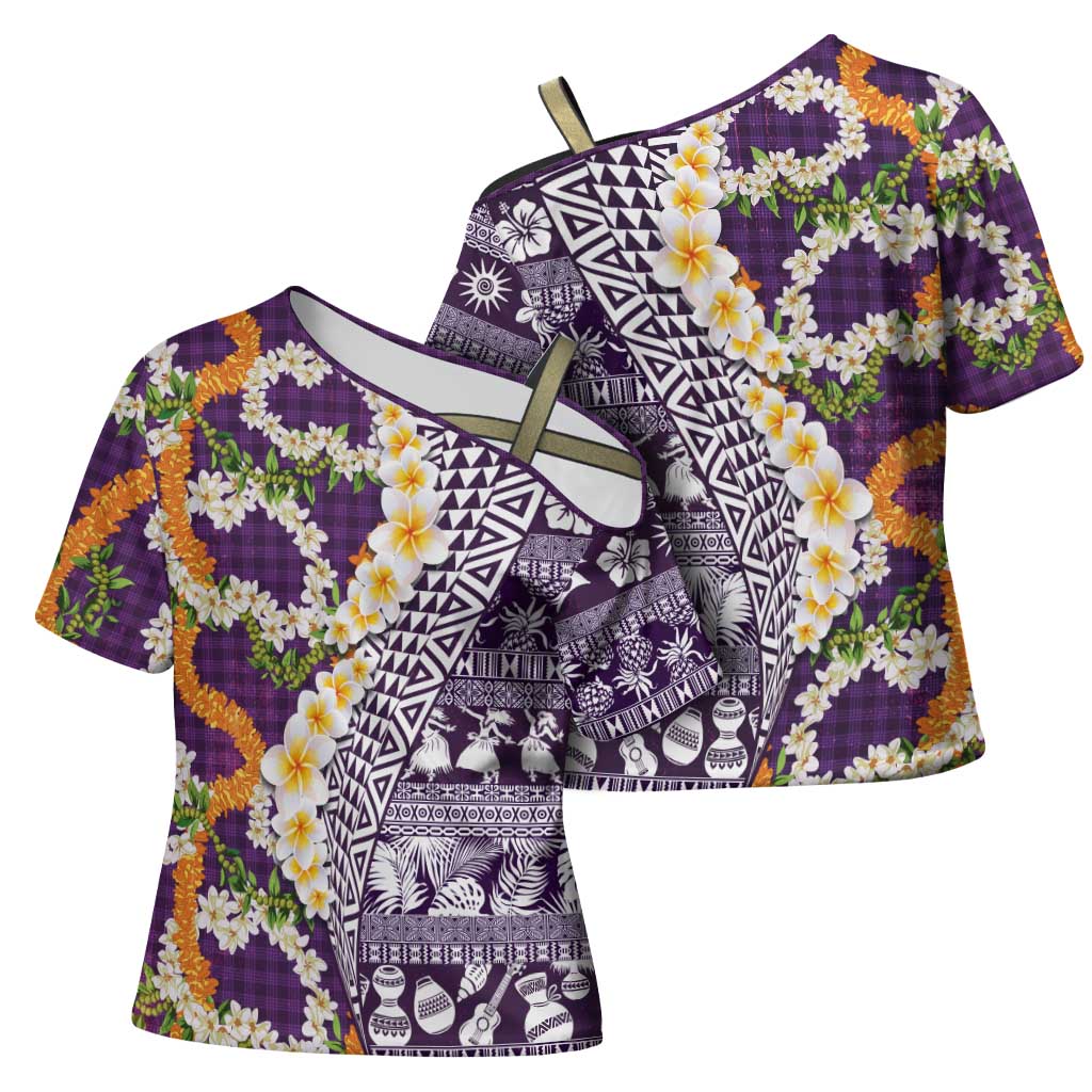 Hawaiian Plumeria Lei Cross Shoulder Shirt Kakau Motifs and Palaka Half Style Purple Color - Polynesian Pride
